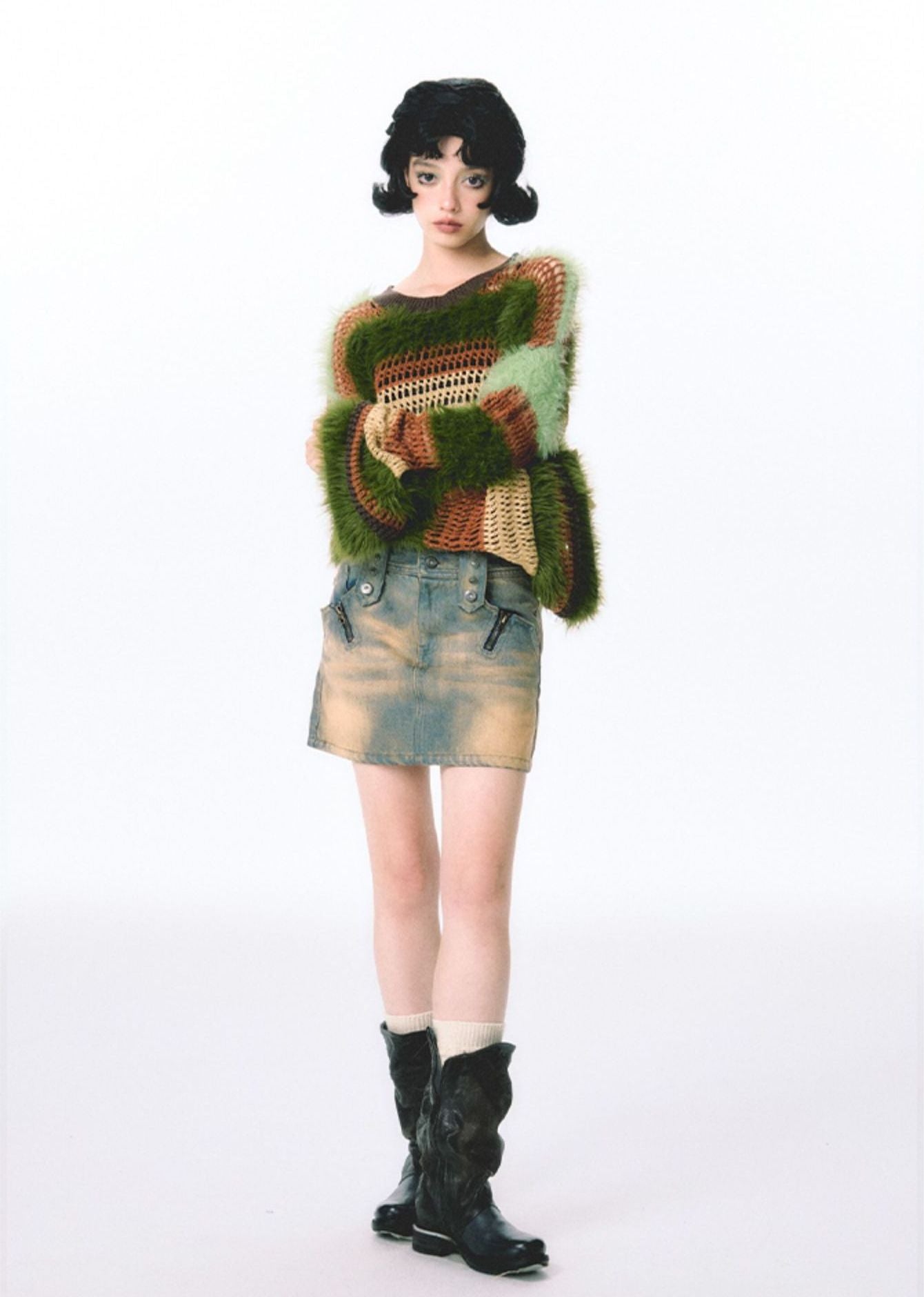 Furry stitched knit loose top
