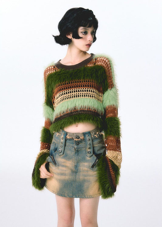 Furry stitched knit loose top