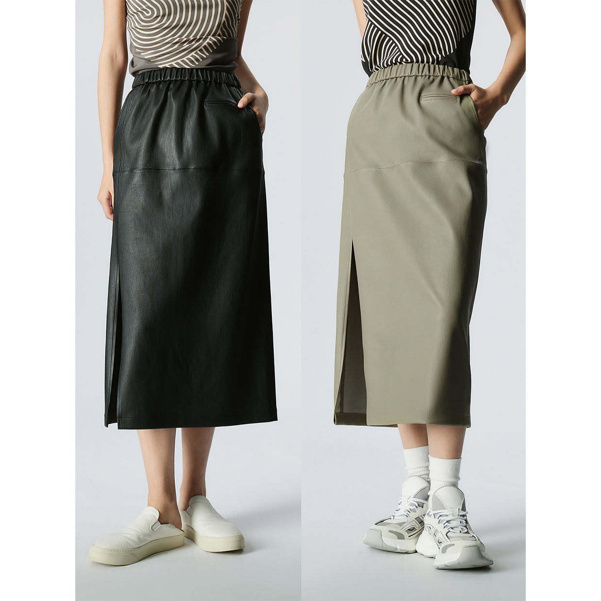 Sheepskin minimalist slit leather skirt