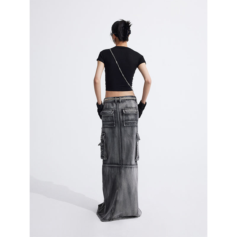 Large pocket H-shaped denim skirt