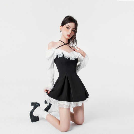 Black and White Lace Waist Double Puff Princess Dress