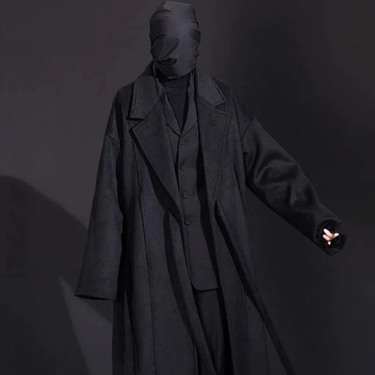 unisex dark wool velvet waist woolen long over-the-knee coat