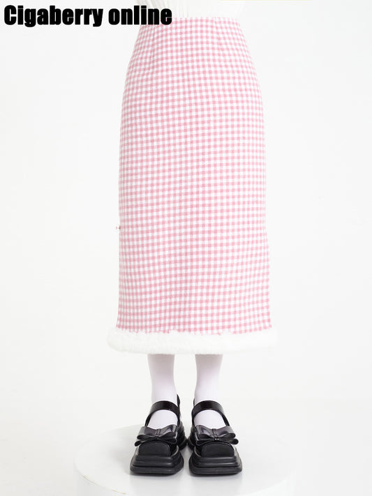 Pink plaid long nad mini skirt