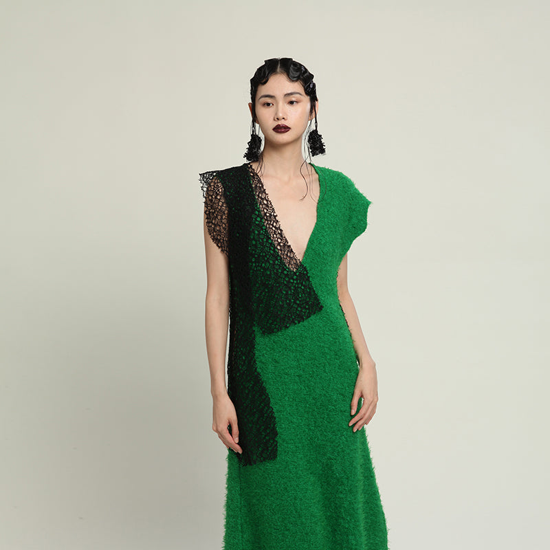 Velvet lace big V-neck sleeveless wool dress