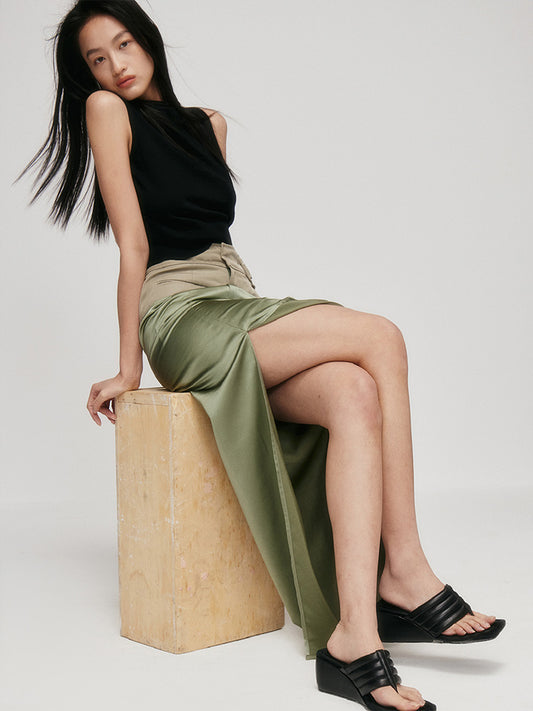 Green acetate satin stitching slit skirt