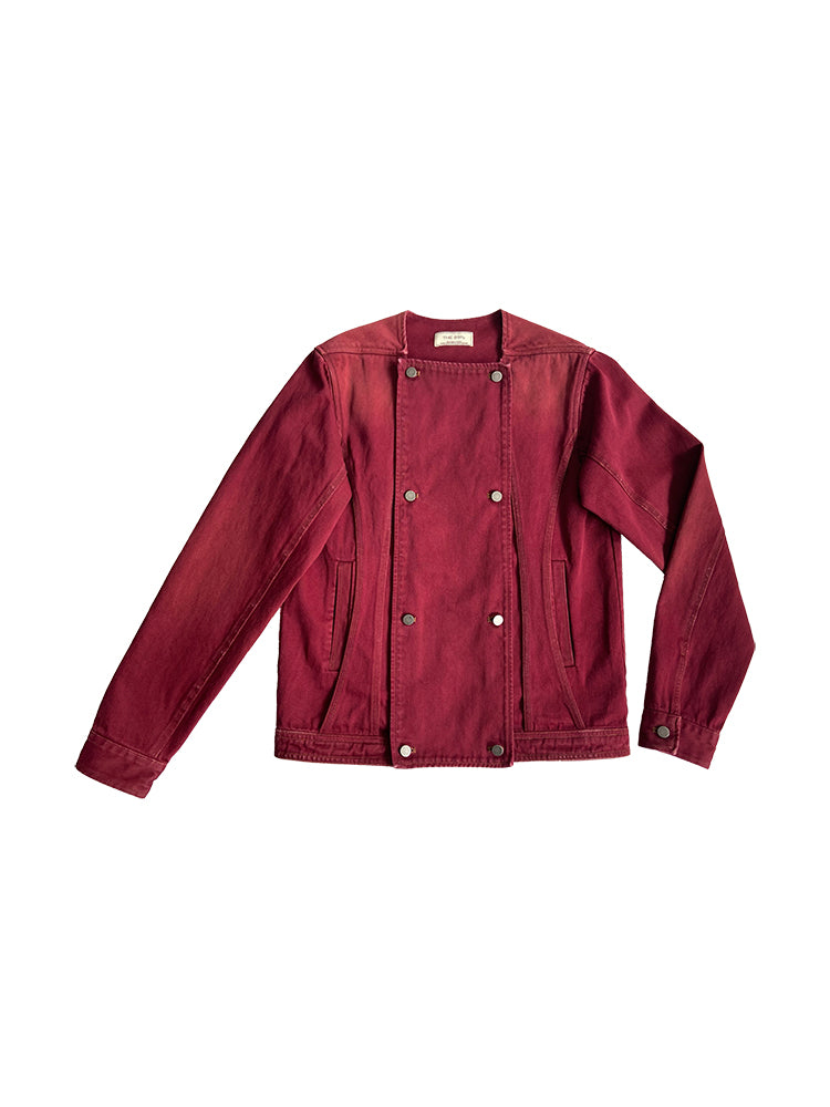 Red long-sleeved short denim jacket
