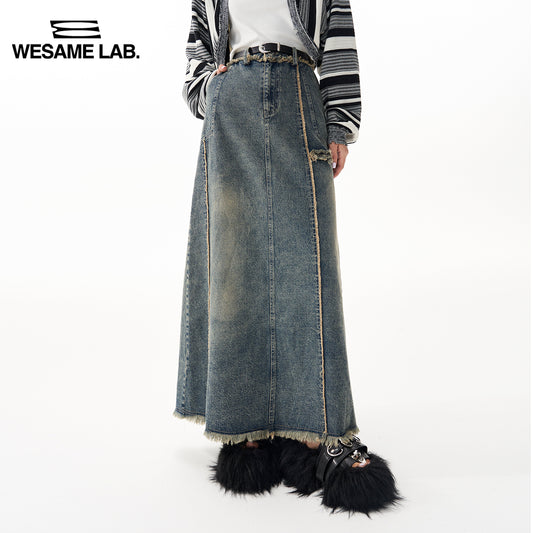 Retro raw edge split denim long skirt