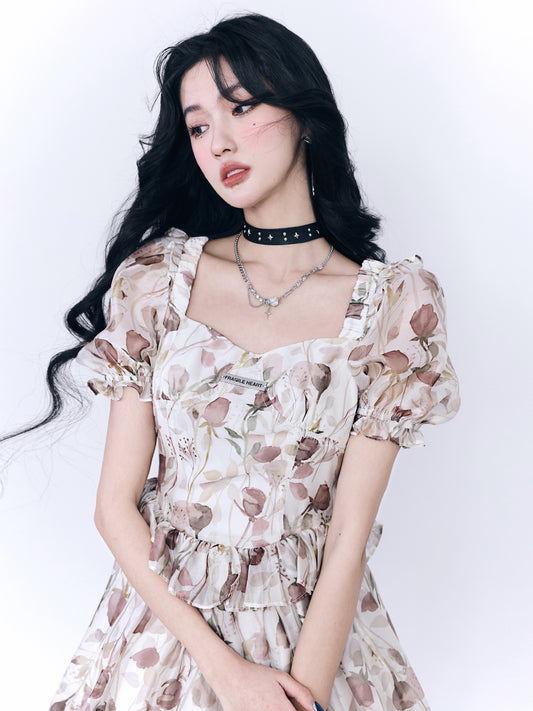 Floral princess bubble sleeve dress