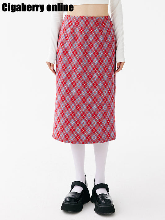 Plaid knit slimming skirt