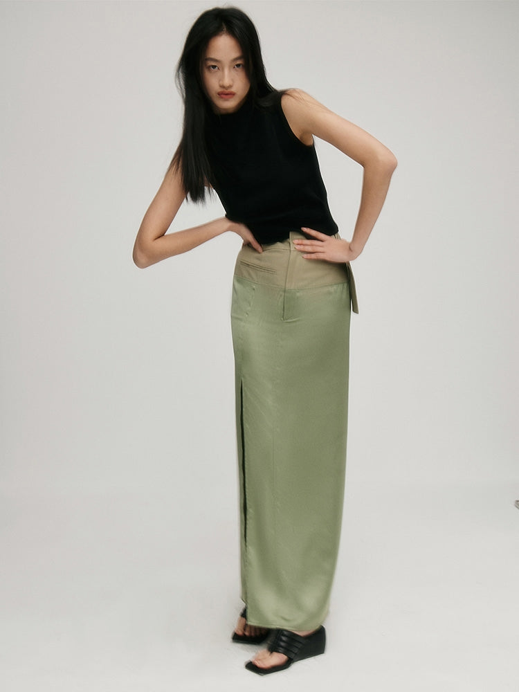 Green acetate satin stitching slit skirt