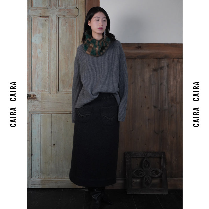 Black Algae Green Fluffy Wool Skirt