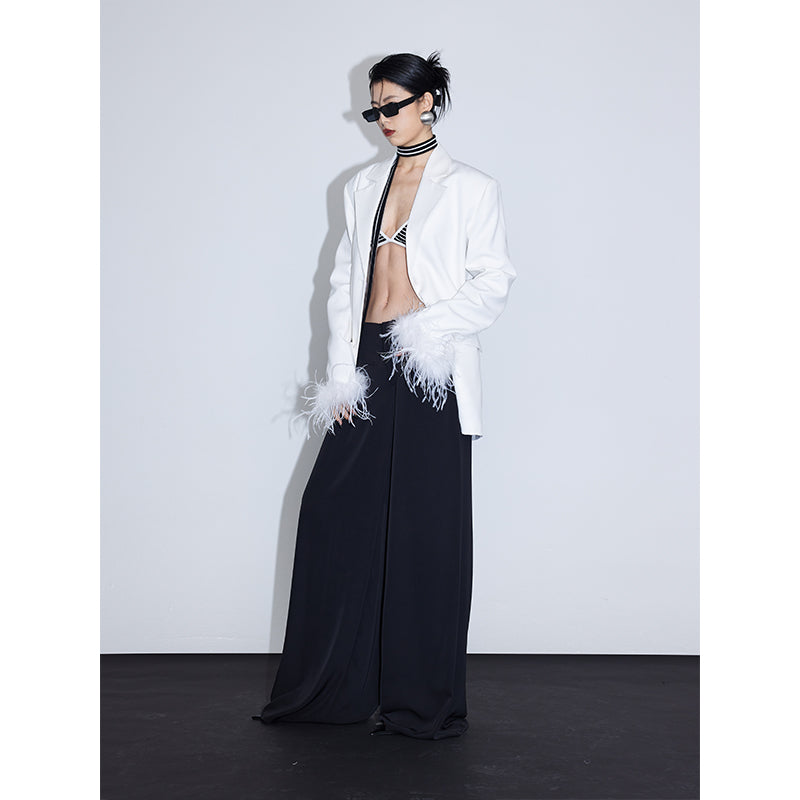 Ostrich Feather Cuffs White Loose Suit Jacket