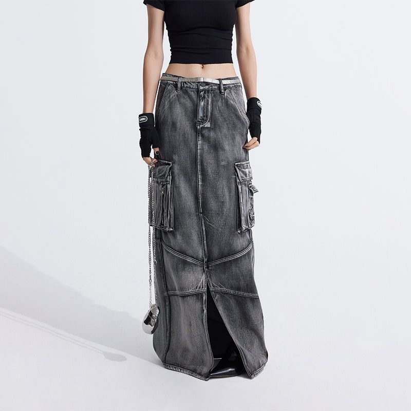 Large pocket H-shaped denim skirt