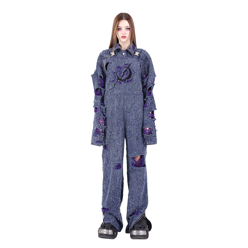 Purple Blue Irregular Ripped Overall