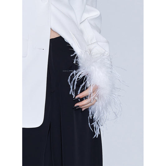 Ostrich Feather Cuffs White Loose Suit Jacket