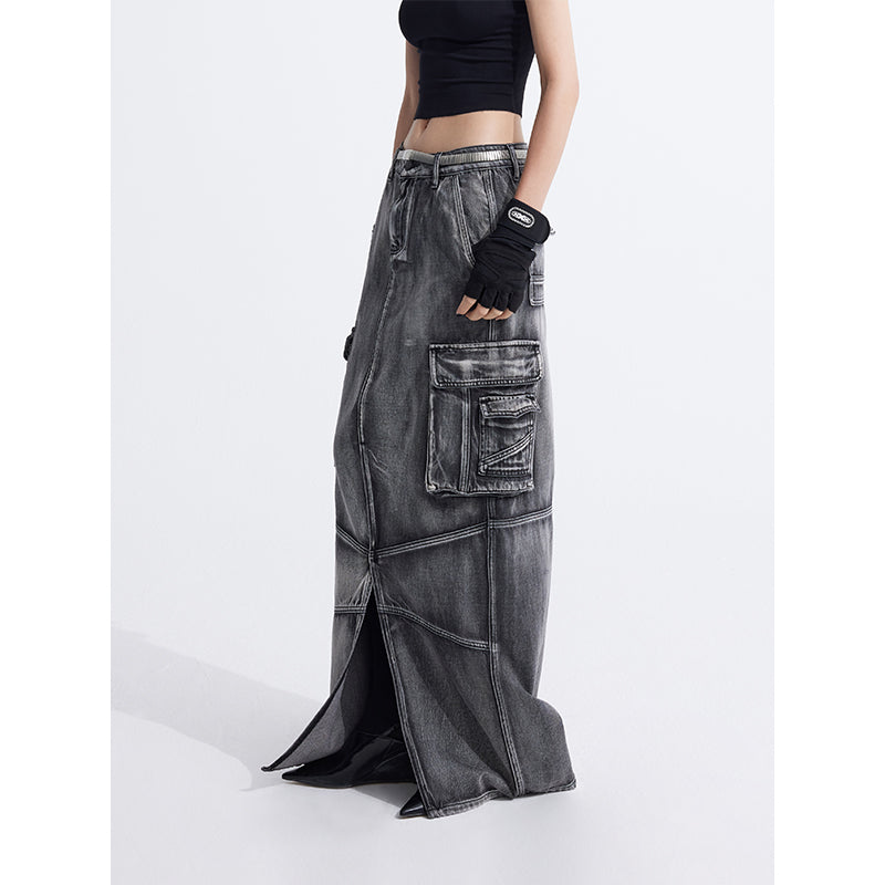 Large pocket H-shaped denim skirt