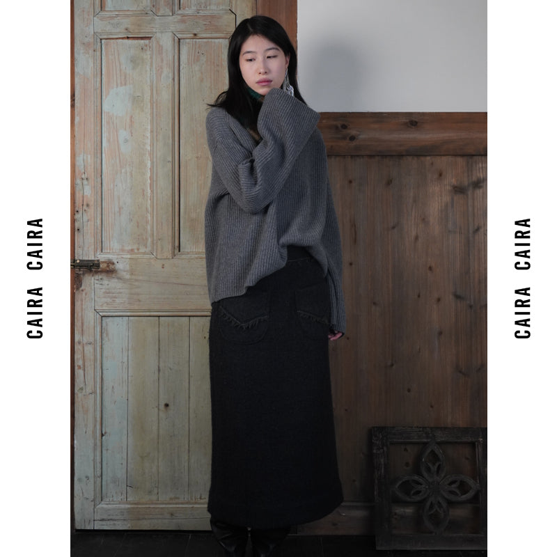 Black Algae Green Fluffy Wool Skirt