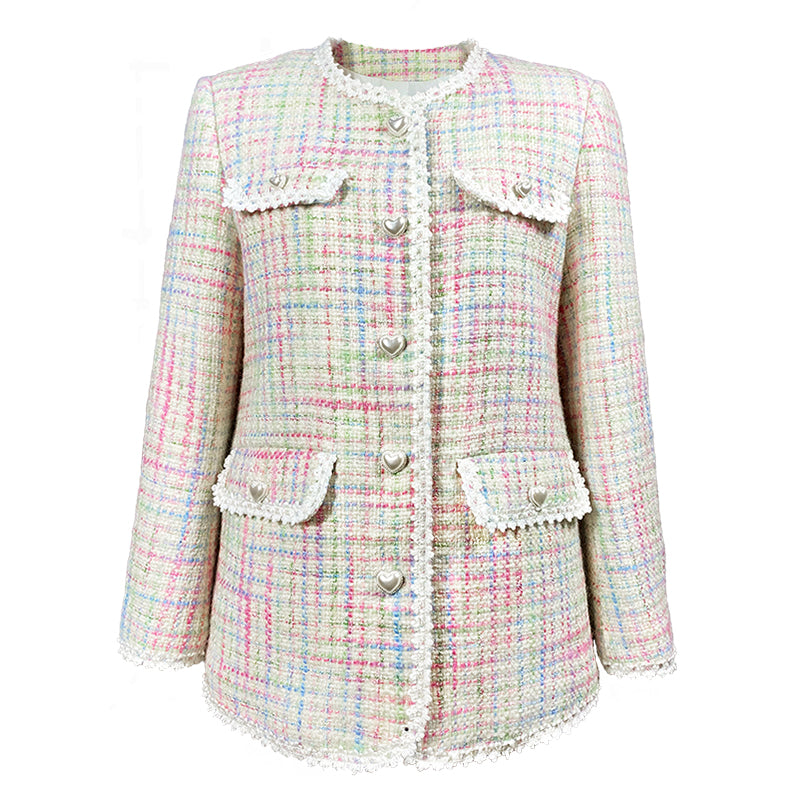 Pink plaid wool jacket with short skirt