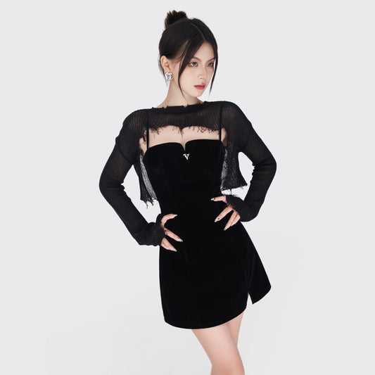 Black velvet slim suspender dress