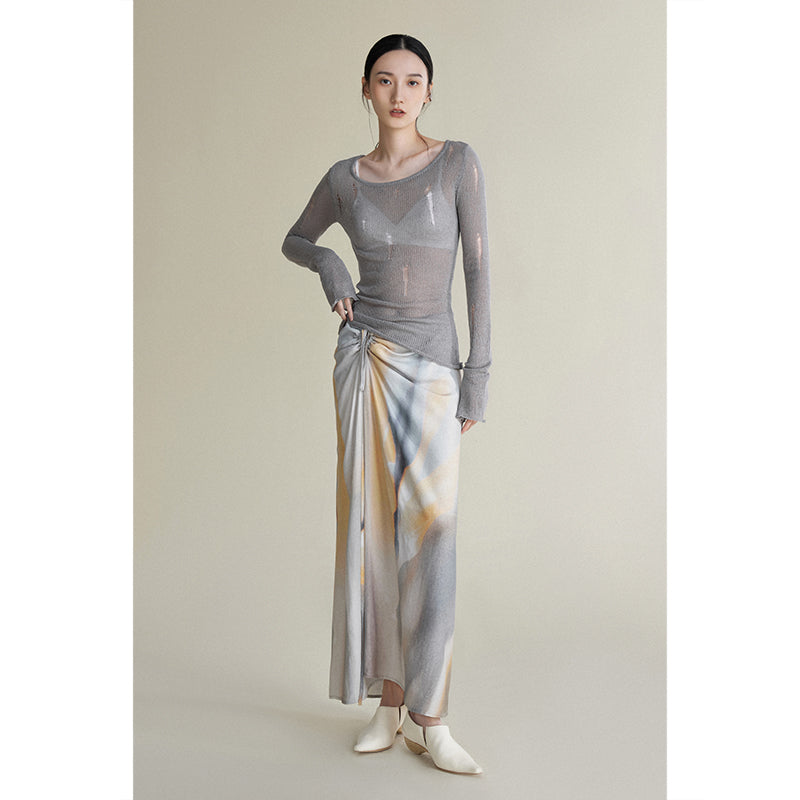 Streamlined irregular hole semi-transparent sweater