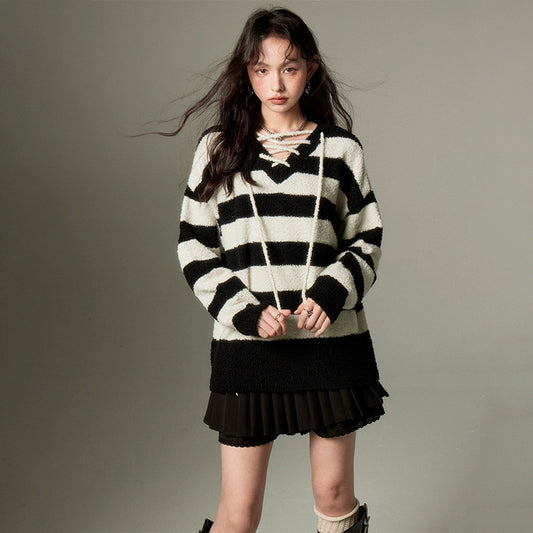 Stripe Lace Knit Pullover Top