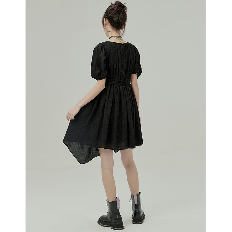 Black Jacquard Puff Sleeve Dress