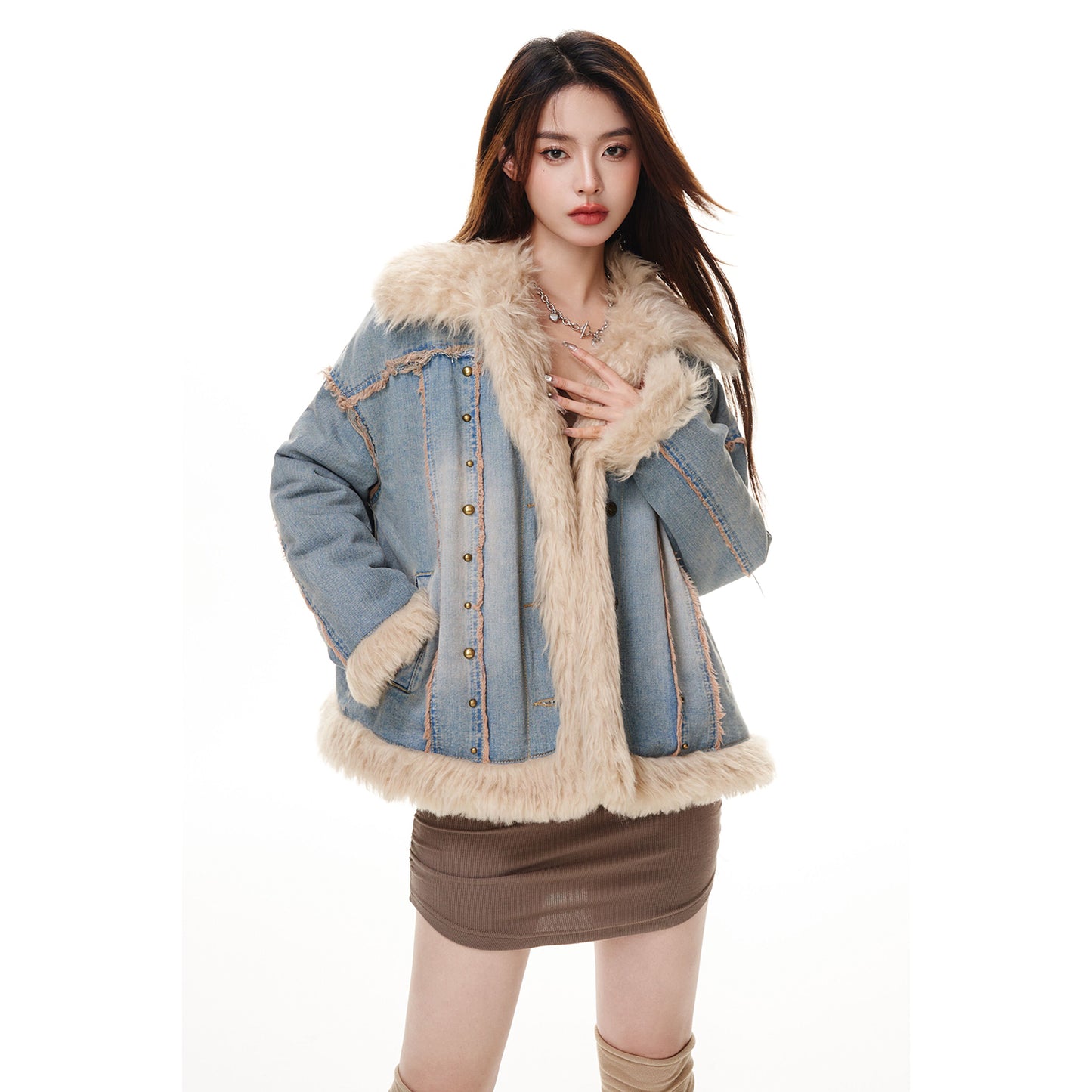 Retro wool denim fur jacket