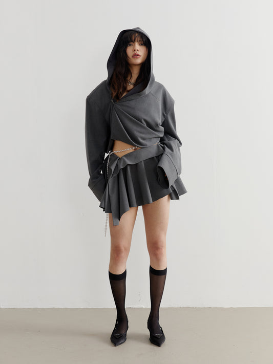 Draped pleated hooded short jacket