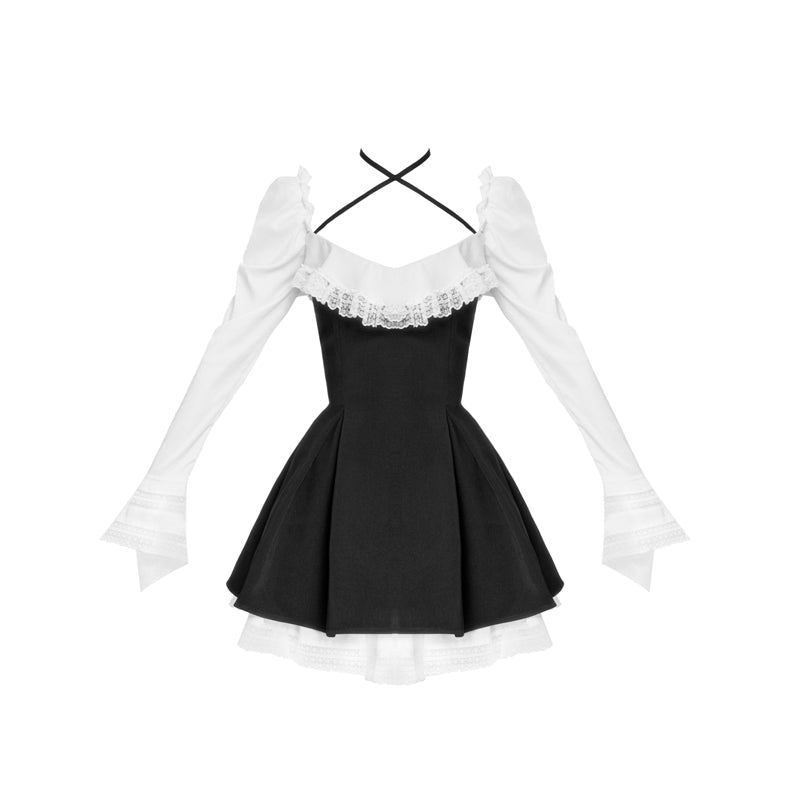 Black and White Lace Waist Double Puff Princess Dress