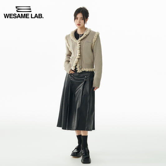 A-line rivet mid-length black leather skirt