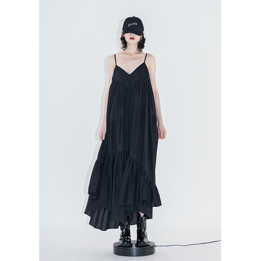 V-neck pleated irregular sling dress