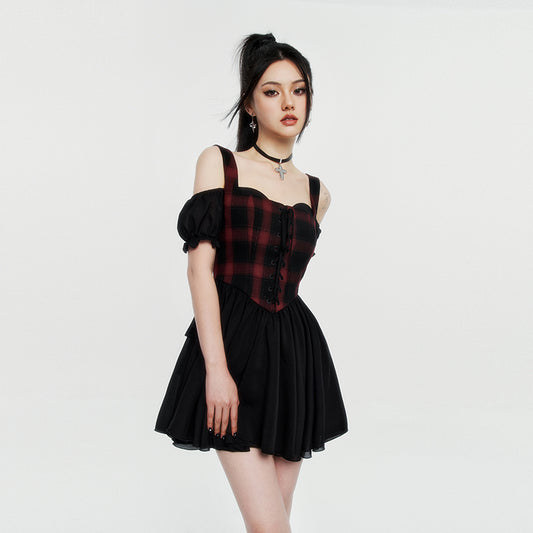 Two-Piece Plaid Bra Slim Puff Sling Dress