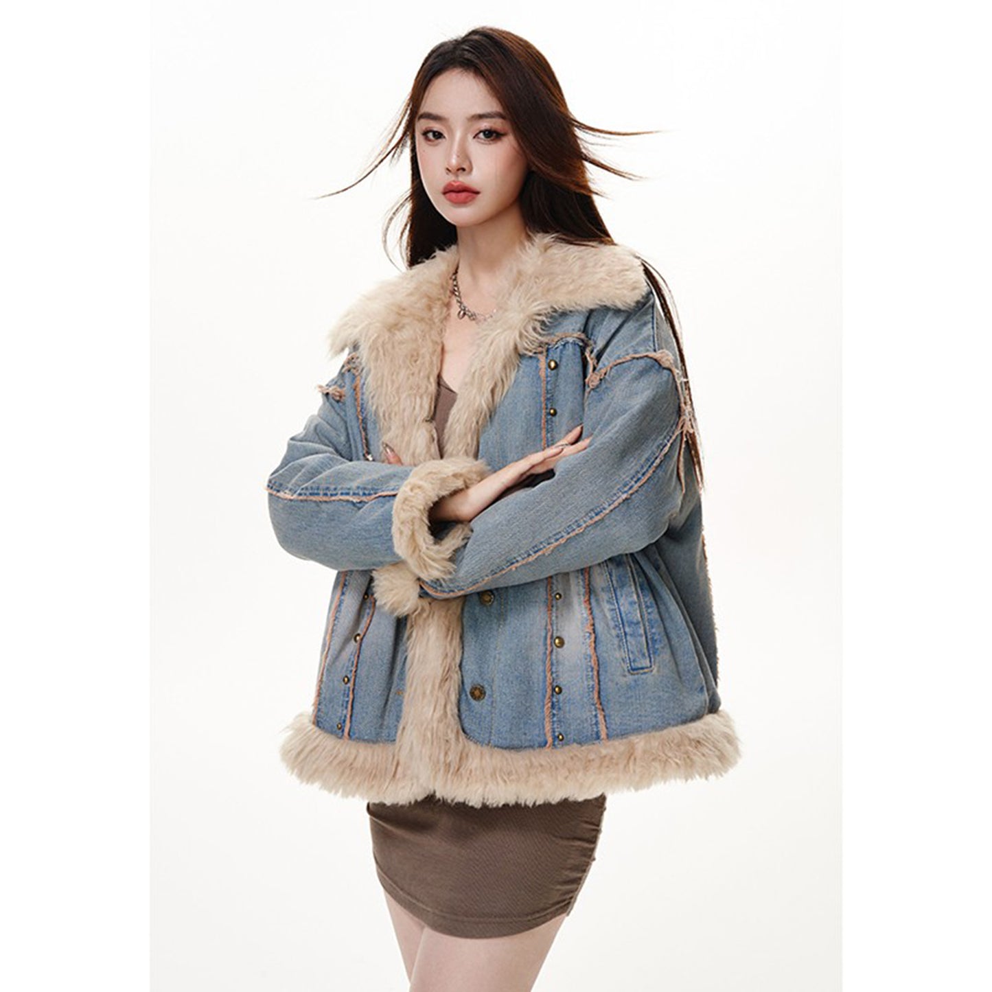 Retro wool denim fur jacket