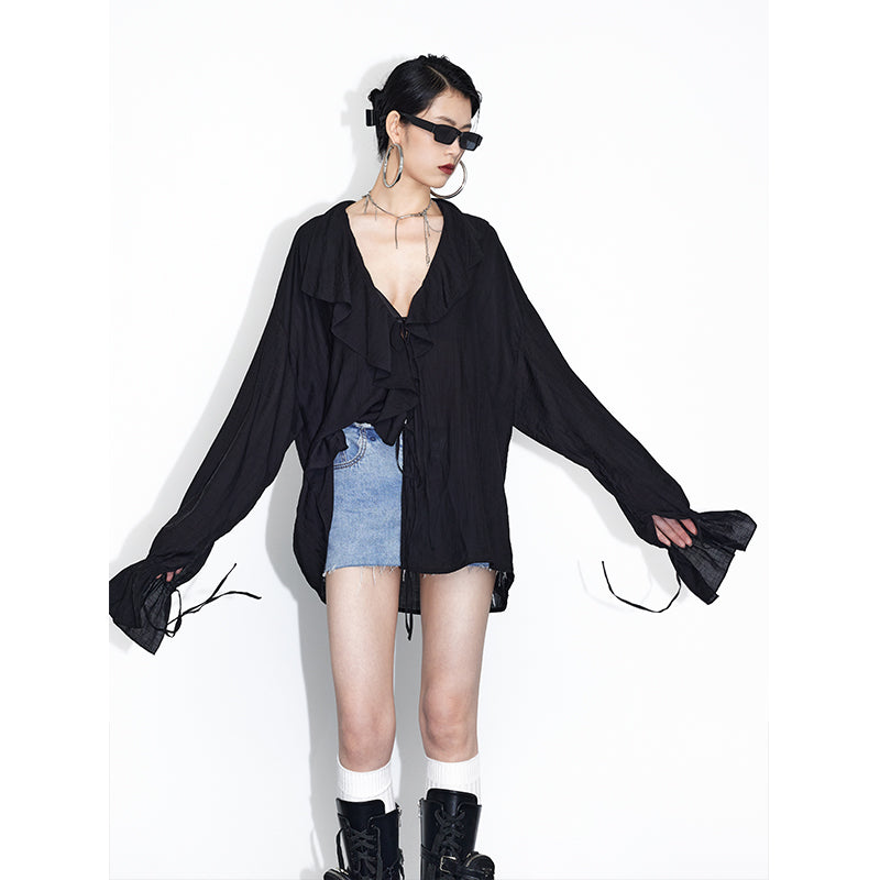 V-neck neck tie black loose shirt