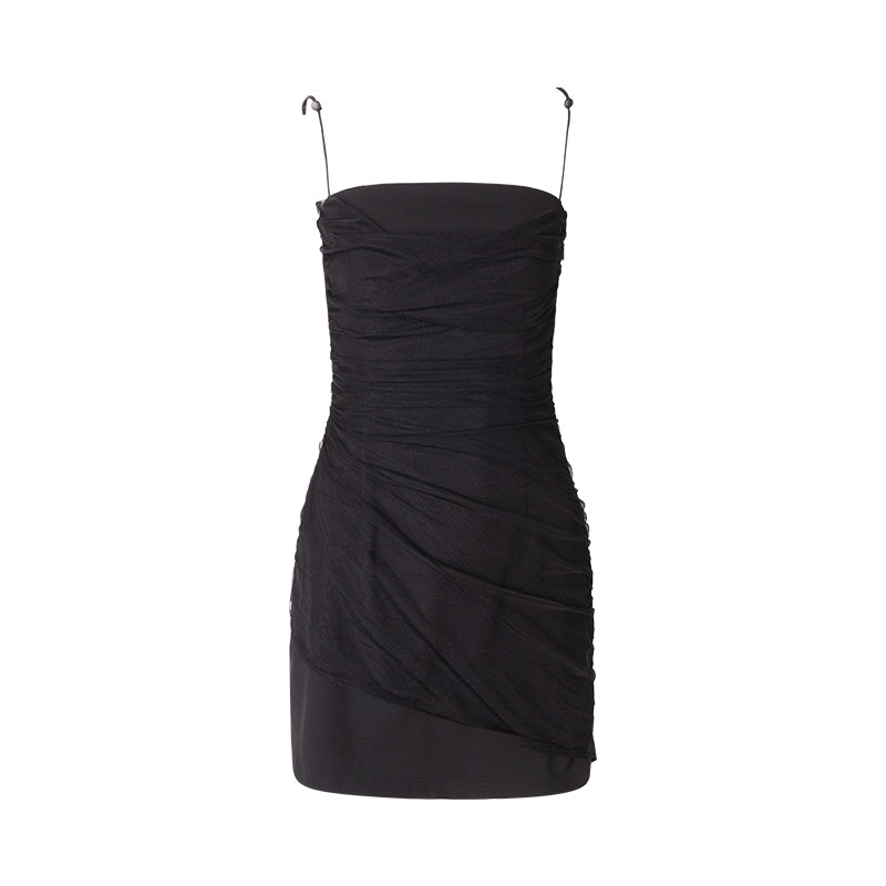 Pleated Slim Mesh Slip Dress