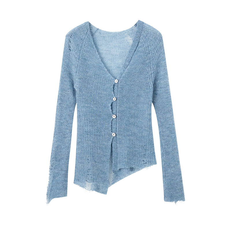 Asymmetric mohair ripped-knit cardigan