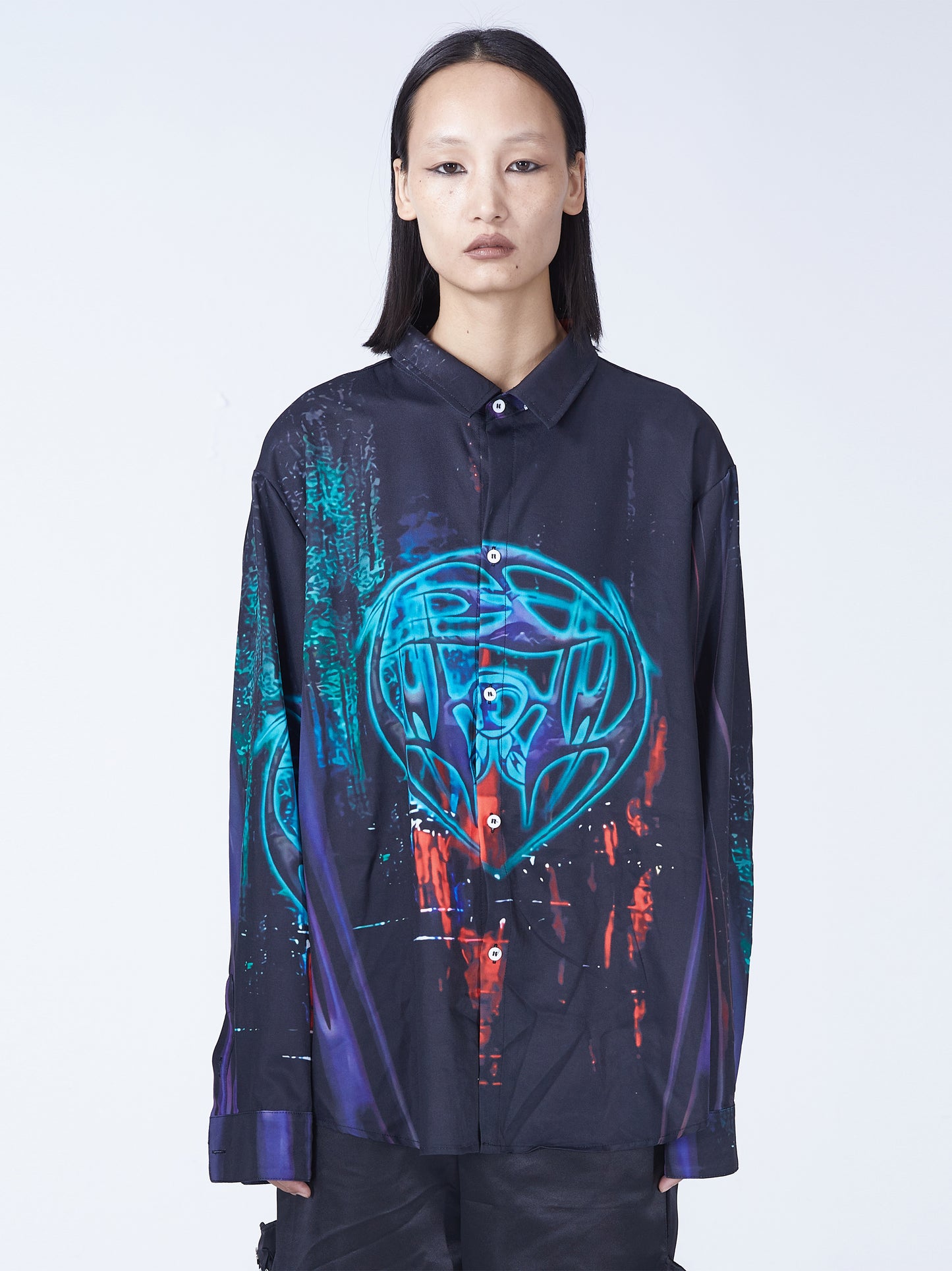 Black totem print oversize long sleeve shirt