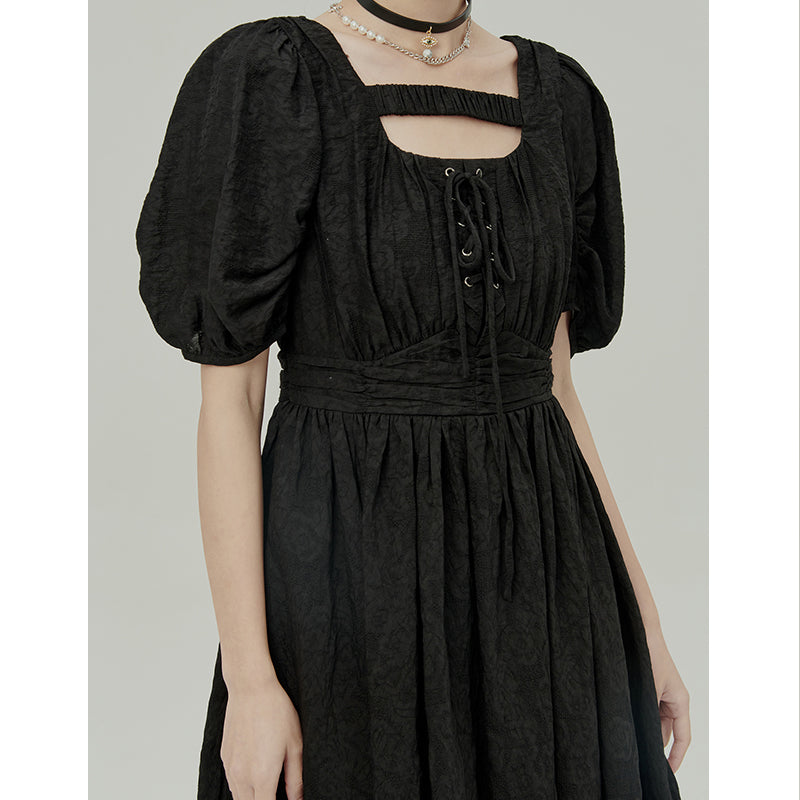 Black Jacquard Puff Sleeve Dress