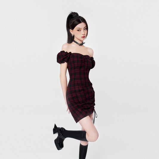 Retro square neck puff sleeve slim dress