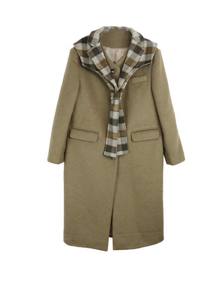 Plaid collar tweed long coat