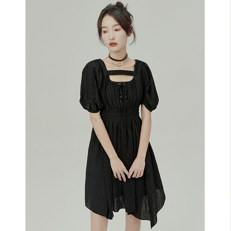 Black Jacquard Puff Sleeve Dress