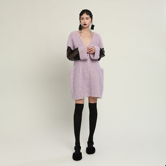 Deep V-neck long-sleeved wool dress