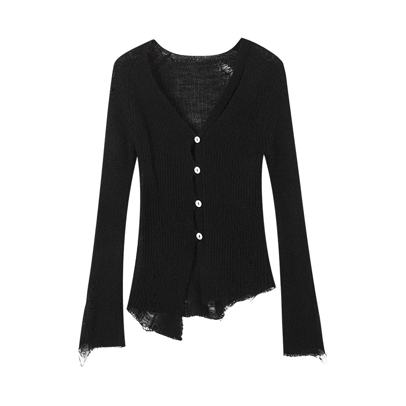 Asymmetric mohair ripped-knit cardigan