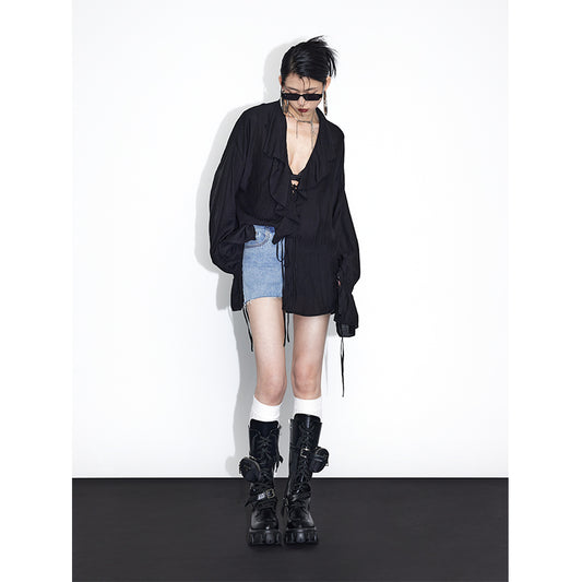 V-neck neck tie black loose shirt