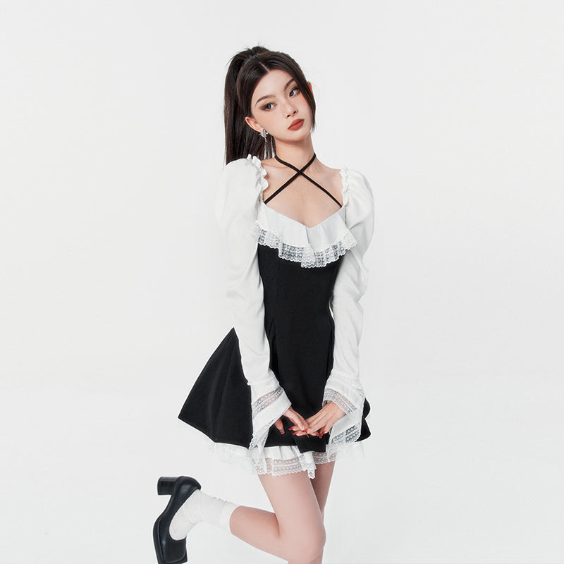 Black and White Lace Waist Double Puff Princess Dress