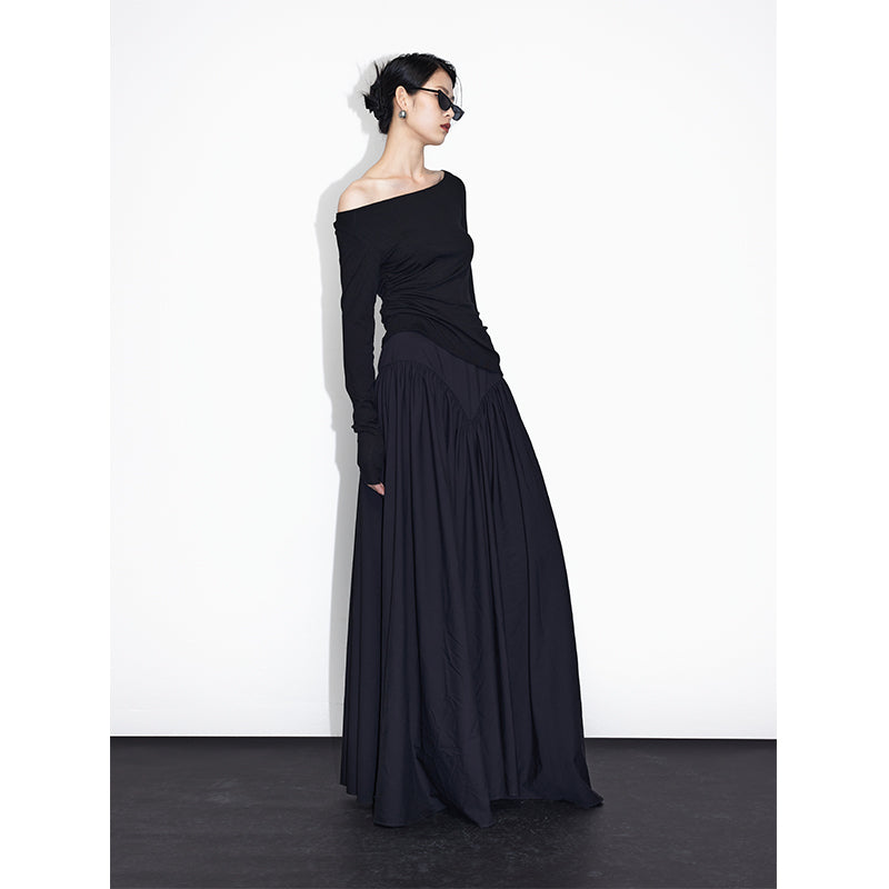 waist pleated long skirt