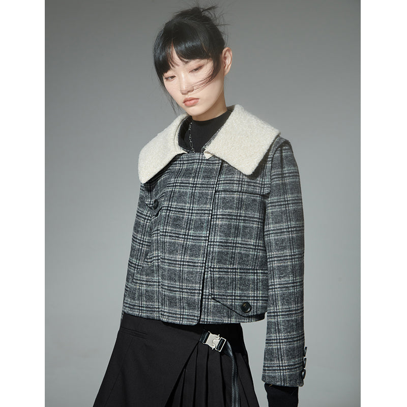 Check pattern asymmetrical double-sided short jacket