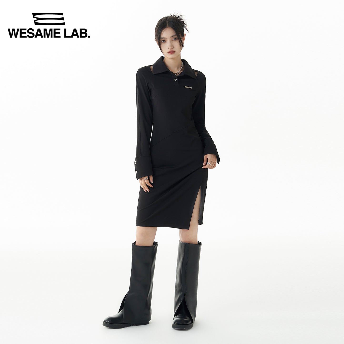 Slit Long Sleeve Black Dress