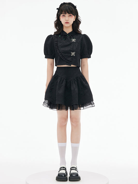 High waist skirt and cheongsam collar top
