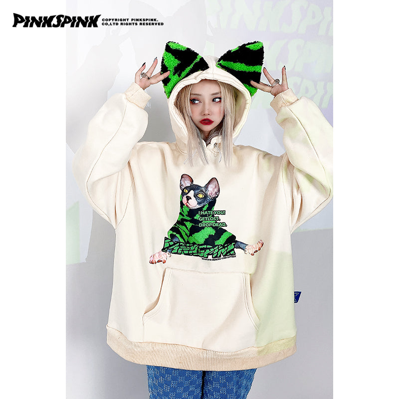 Cat ear print hooded hip-hop sweater